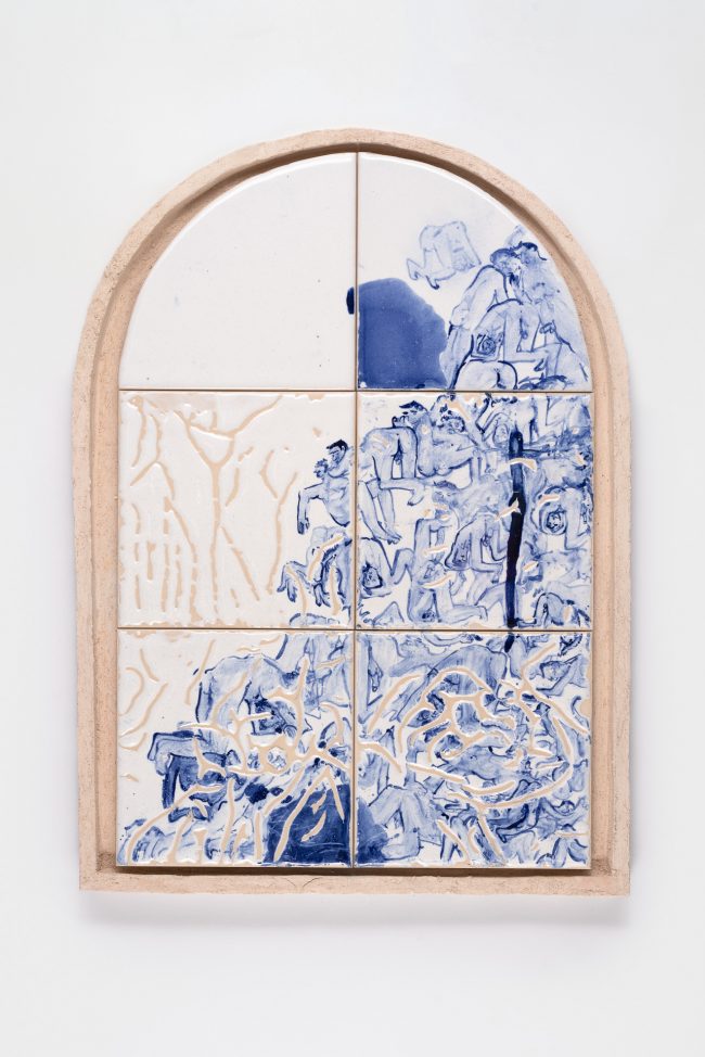 yet untitled, 2024, glazed ceramic on ceramic frame, 46 x 37 cm, Foto: Jana Buch